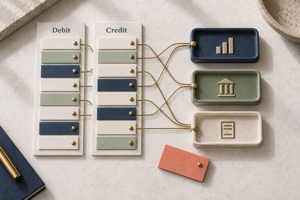 Trial-balance columns connected to account categories with an unresolved entry set aside.