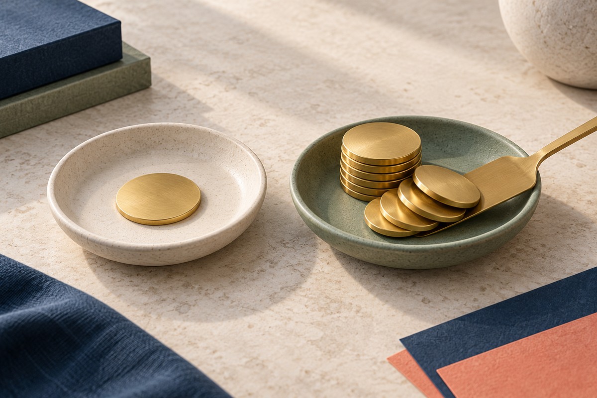 Two ceramic dishes, one with a single flat brass disc and one with a stack of coins being split.