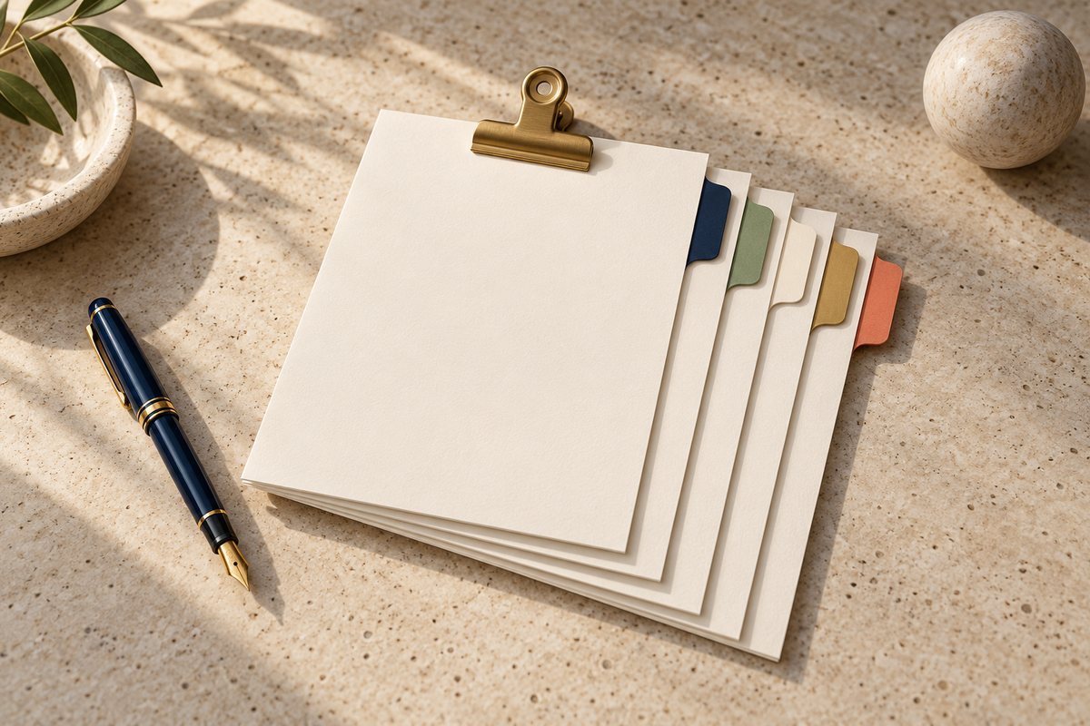 Clipped stack of cream sheets with navy, sage, cream, brass and coral edge tabs beside a navy fountain pen.