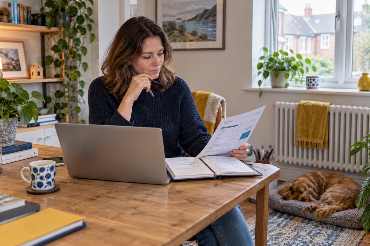 Company director working at home with an energy statement and work diary.