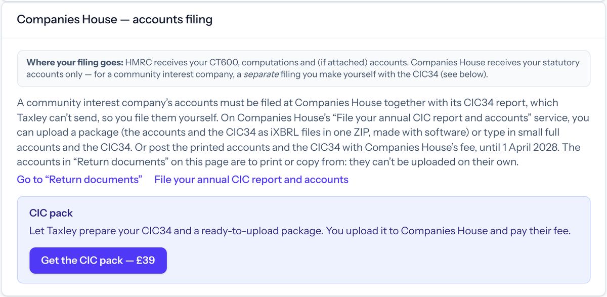 Taxley’s Companies House — accounts filing section for a demo community interest company, with the CIC pack panel: Taxley prepares the CIC34 and a ready-to-upload package, you upload it to Companies House and pay their fee, and a Get the CIC pack button.