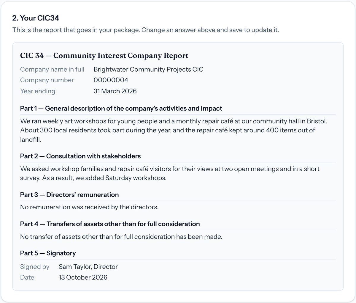 The CIC pack’s preview of a demo company’s CIC34 community interest company report: company name, company number and year end, then Part 1 activities and impact, Part 2 consultation with stakeholders, Part 3 directors’ remuneration, Part 4 transfers of assets and Part 5 the signing director and date.