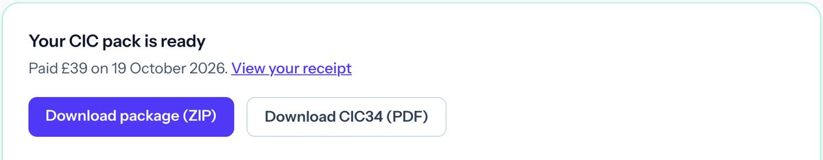 The CIC pack page once paid, for a demo company: Your CIC pack is ready, the date it was paid with a link to the receipt, and two buttons, Download package (ZIP) and Download CIC34 (PDF).