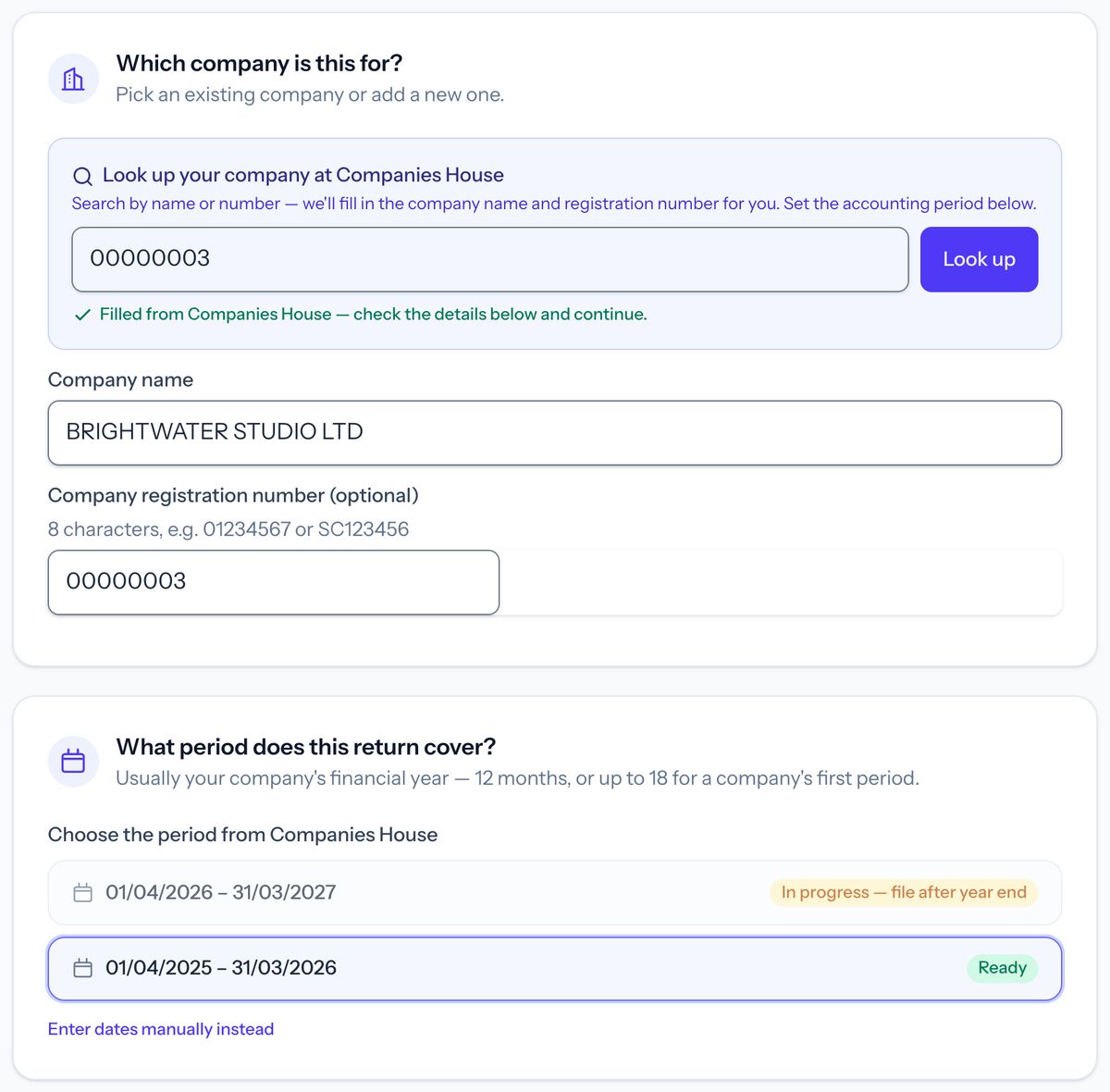 Taxley’s Start a new return page for a demo company: the company was found with Look up your company at Companies House, its name and registration number are filled in, and the period 1 April 2025 to 31 March 2026 is chosen from the periods Companies House holds.