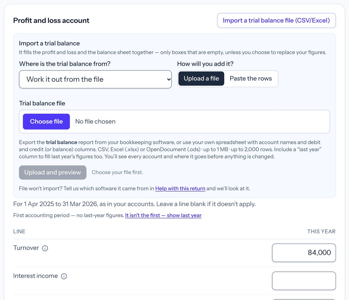 Taxley’s Simple mode figures page for a demo company: the profit and loss account with the Import a trial balance panel open, ready to choose a file, and turnover of £84,000 entered below.