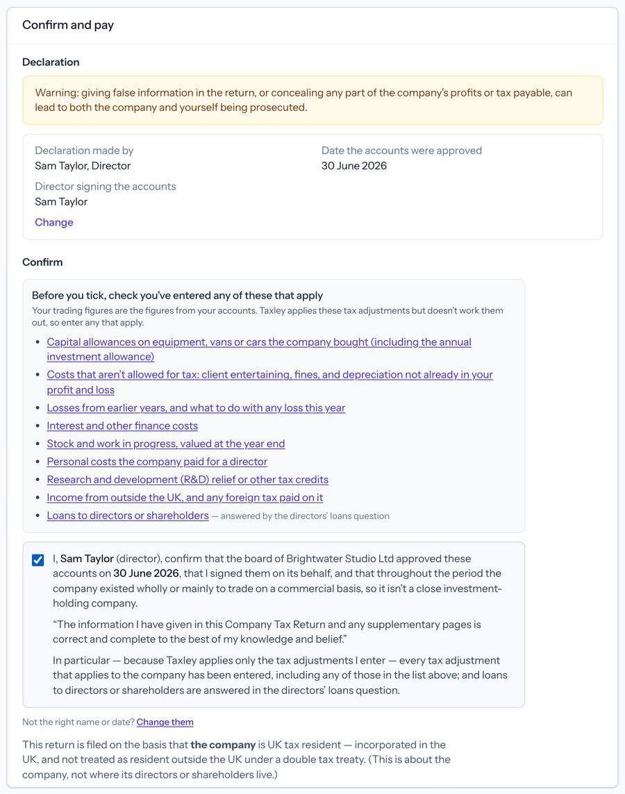 Taxley’s Confirm and pay card for a demo company: the director’s declaration, the list of tax adjustments to check, the ticked confirmation that the return is correct and complete and the tax-residence note shown above the pay button.