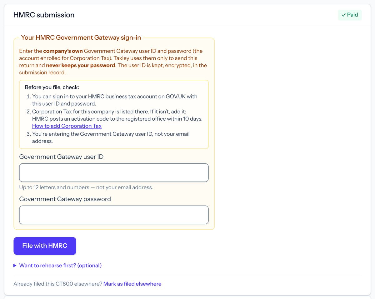 Taxley’s HMRC submission section for a demo company, with a checklist before filing, empty boxes for the Government Gateway user ID and password, and the File with HMRC button.
