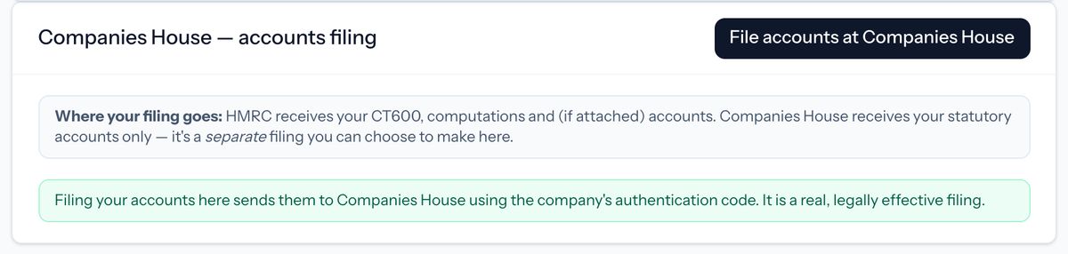 Taxley’s Companies House accounts filing section for a demo company, explaining where each filing goes, with the File accounts at Companies House button.
