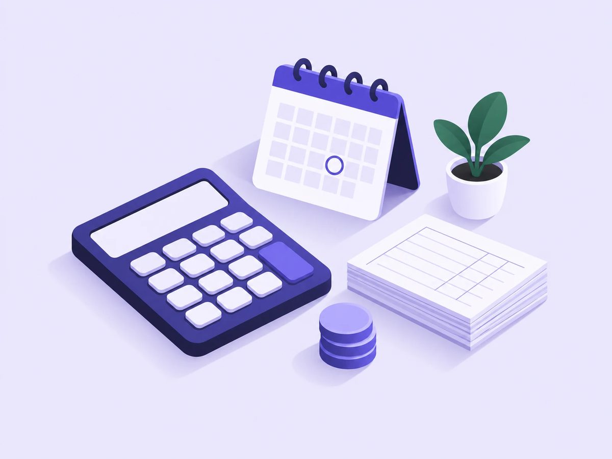 Illustration of a calculator, a desk calendar with one date circled, a stack of ledgers, coins and a plant